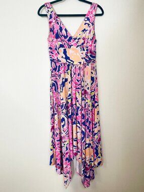 Lilly Pulitzer Sloane V-Neck Dress Pink Blue Floral Midi Resortwear Size M